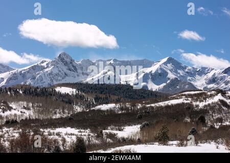 Scenic winter view of the Sneffels Range in the San Juan Mountains near Ridgway, Colorado Stock Photo