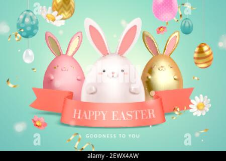 3d creative Easter egg background with cute rabbit toys and pink ribbon. Stock Vector