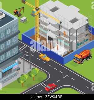 Construction isometric composition with outdoor view of modern city streets cars and house block under construction vector illustration Stock Vector
