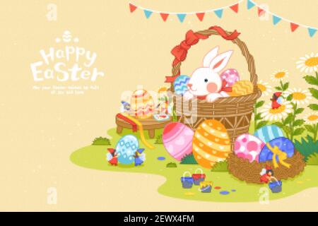 Happy Easter bunny background. Cute rabbit hiding in a basket and mini fairies painting eggs in beautiful garden. Stock Vector