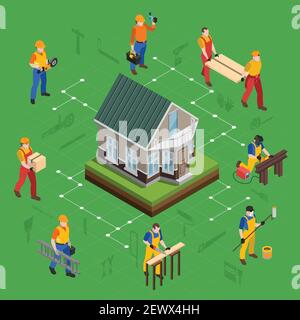 Construction isometric flowchart composition with characters of laborers and tradesmen with silhouette pictograms of building tools vector illustratio Stock Vector
