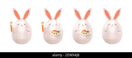 3d rabbits holding paint palette or paintbrush. Animal elements isolated on white background. Suitable for Easter decoration and art theme. Stock Vector