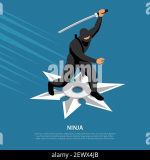 Unbeatable ninja warrior character in action pose on silver star symbol isometric blue background poster vector illustration Stock Vector