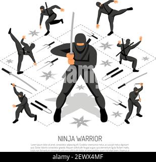 Ninja warrior unbeatable stickman character in various action poses isometric interactive video game advertisement poster vector illustration Stock Vector