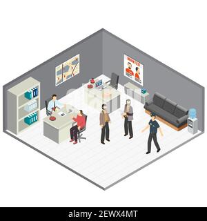Law justice detectives office isometric composition with crime case investigators  interview witness reconstructing incident details vector illustrati Stock Vector
