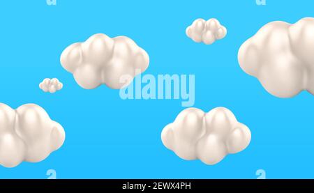 3d white cloud wallpaper background. Natural sky elements isolated on blue background. Stock Vector