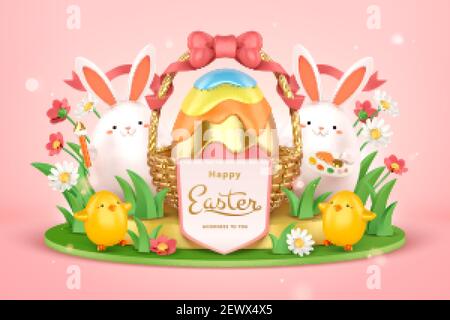3d Easter egg hunt background. Cute rabbits with painting tools standing beside a huge Easter egg basket. Stock Vector