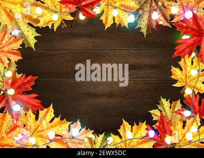 Thanksgiving day stylish frame with maple leaves and lights on dark brown wooden background vector illustration Stock Vector