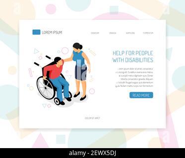 Disabled people help organizations volunteers training fundraising isometric web page design with providing wheelchair assistance vector illustration Stock Vector