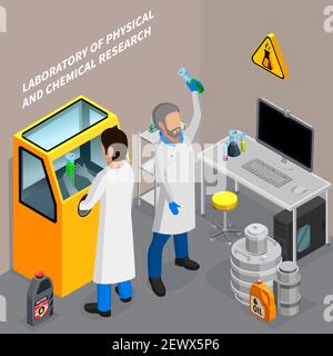 Two scientists researching oil in chemical laboratory 3d isometric vector illustration Stock Vector