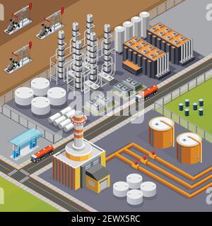 Oil industry and transportation composition with big refinery and pumpjacks 3d isometric vector illustration Stock Vector