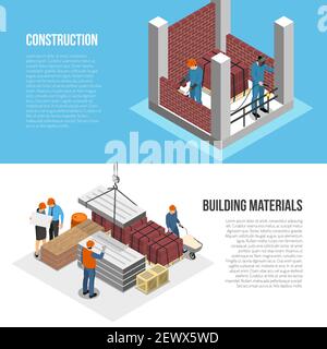 Set of two horizontal isometric builder architect banners with images of constructor characters and editable text vector illustration Stock Vector