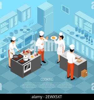 Professional cooks chef kitchen staff butchering meat making saus preparing food for service isometric composition vector illustration Stock Vector