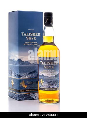 SWINDON, UK - MARCH 3, 2021: Talisker Skye Single Malt Scotch Whiskey with presentation box on a white background