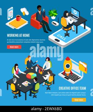 Business people isometric set of two horizontal banners with read more buttons text and office images vector illustration Stock Vector