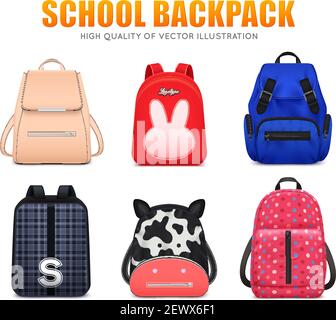 Realistic school education backpack bag baggage set of six isolated school backpacks of different shape and colour vector illustration Stock Vector