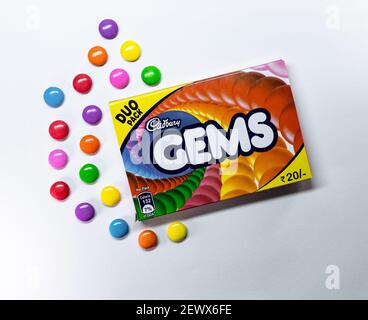Chennai, Tamil Nadu, India - February 11, 2021: Cadbury Gems is a colorful button with a crunchy shell filled with milk chocolate. Stock Photo