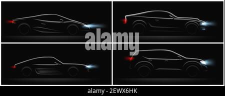 Realistic car silhouete dark set of four profiles with different car body and glowing running lights vector illustration Stock Vector