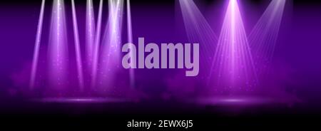 Purple spotlight. Set of bright lighting with spotlights of the stage with purple ducst on transparent background Stock Vector