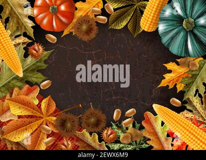 Thanksgiving day colored composition with frame made from different products and leaves vector illustration Stock Vector