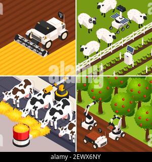 Smart farm concept icons set with farm animals isometric isolated vector illustration Stock Vector