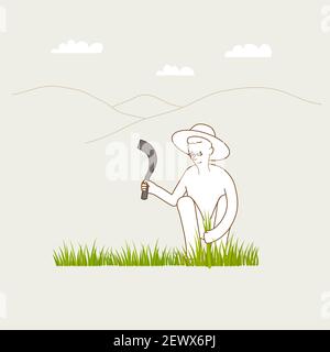 Man squat down to cut grass using sickle blade. Leisure time concept. Stock Vector