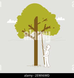 man cutting tree branch using pruning saw with extended pole. clean, minimal style illustration. Stock Vector