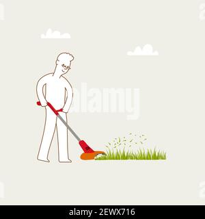 Man cutting grass with handheld grass cutter. concept illustration for hobby, retirement. Minimal design. Stock Vector