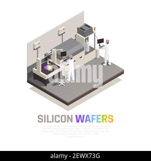 Semiconductor chip production isometric background composition with editable text and people operating hi-tech robotic manipulators vector illustratio Stock Vector