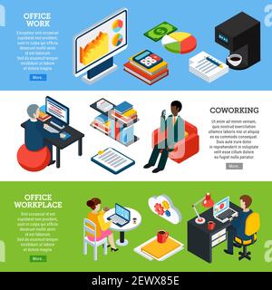 Collection of three horizontal business people isometric banners with images of office appliances and employee characters vector illustration Stock Vector
