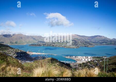 The Lyttelton Port and Harbour from the Christchurch Gondola Station at the top of the Port Hills, Christchurch, Canterbury, New Zealand Stock Photo