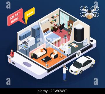 Smart home concept with room design and household symbols isometric vector illustration Stock Vector