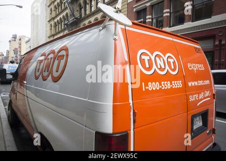 A TNT Express delivery van parked in Soho in New York on Tuesday, April 7, 2015. FedEx subsidiary TNT Express was among the companies affected by the latest cyberattack and while no data was compromised services are moving slower than normal. (Photo by Richard B. Levine) *** Please Use Credit from Credit Field ***