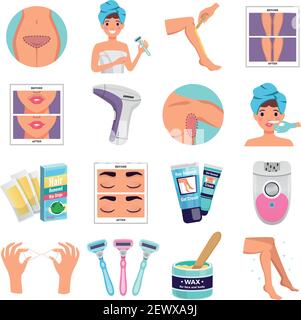 Hair removal icons set with wax and epilator symbols flat isolated vector illustration Stock Vector