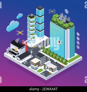 Smart city isometric composition with transport and buildings symbols ...
