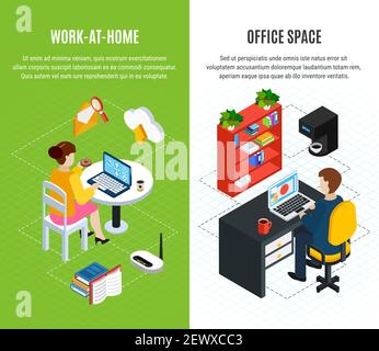 Business people set of two isometric vertical banners with editable text and compositions of office images vector illustration Stock Vector