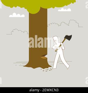 Man swinging big axe at tree trunk, chopping the big tree. Stock Vector