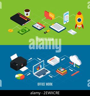Set of two horizontal business people isometric banners with images of office workspace items and equipment vector illustration Stock Vector