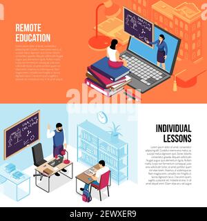 Education 2 horizontal isometric banners with individual private lessons and online college university courses isolated vector illustration Stock Vector