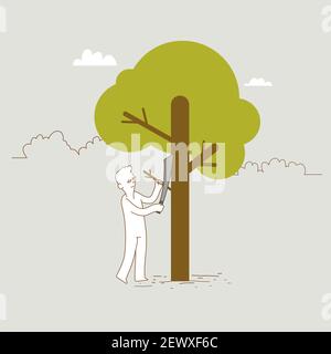 Man cutting tree branch with big knife. concept illustration for hobby, retirement. Minimal design. Stock Vector