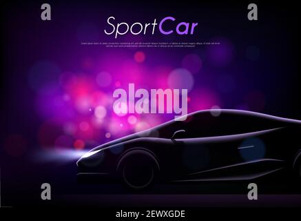Realistic car dark background with silhouette of sport car body editable text and blurry purple particles vector illustration Stock Vector