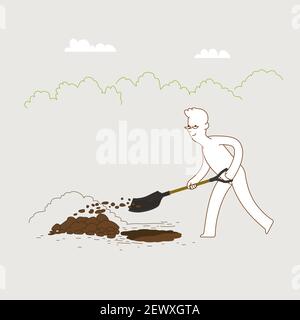 Minimal design, man digging hole in the ground. Leisure activity stay at home. Stock Vector