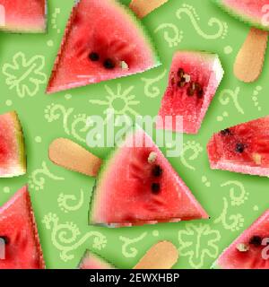 Watermelon bite size pieces on a stick summer snacks serving ideas realistic appetizing seamless patten vector illustration Stock Vector