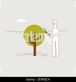 Man trimming tree with hedge shears, minimal vector illustration. Stock Vector