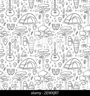 Hiking and camping seamless pattern with travel elements. Seamless pattern for design, posters, backgrounds Hiking, travel and camping theme. Tent, tr Stock Vector