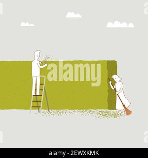 Elderly couple working in the garden, Man trimming hedge using hedge shears and women sweeping the floor using broom, Leisure activity at home. Minima Stock Vector