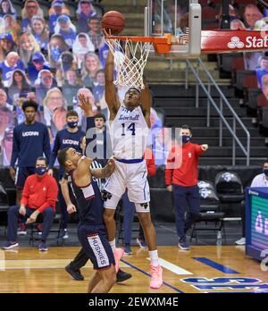 Newark, New Jersey, USA. 4th Mar, 2021. Seton Hall Pirates guard Jared Rhoden (14) scores underneath the basket in the first half at the Prudential Center in Newark, New Jersey. UConn defeated Seton Hall 69-58. Duncan Williams/CSM/Alamy Live News Stock Photo