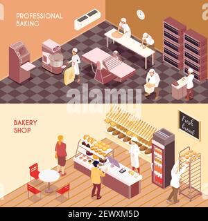 Set of horizontal isometric banners professional making of flour products and bakery shop isolated vector illustration Stock Vector