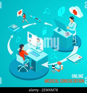 Doctor and patient during online medical consultation by computer on turquoise background isometric vector illustration Stock Vector