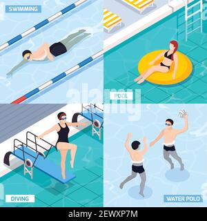 Swimming pool isometric concept icons set with diving and polo symbols isolated vector illustration Stock Vector